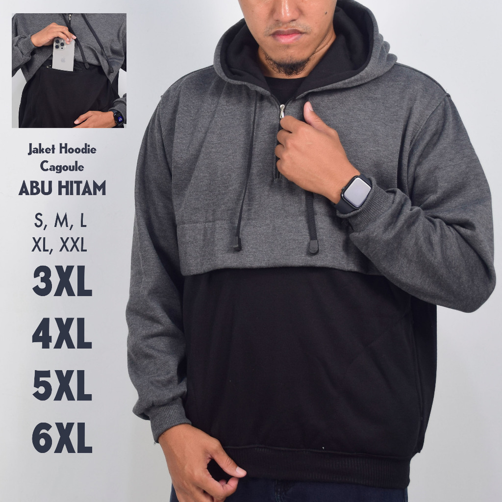 Jaket Hoodie Cagoule Abu Hitam Pria Jumbo Big Size S M L XL 2XL 3XL 4XL 5XL 6XL Fleece