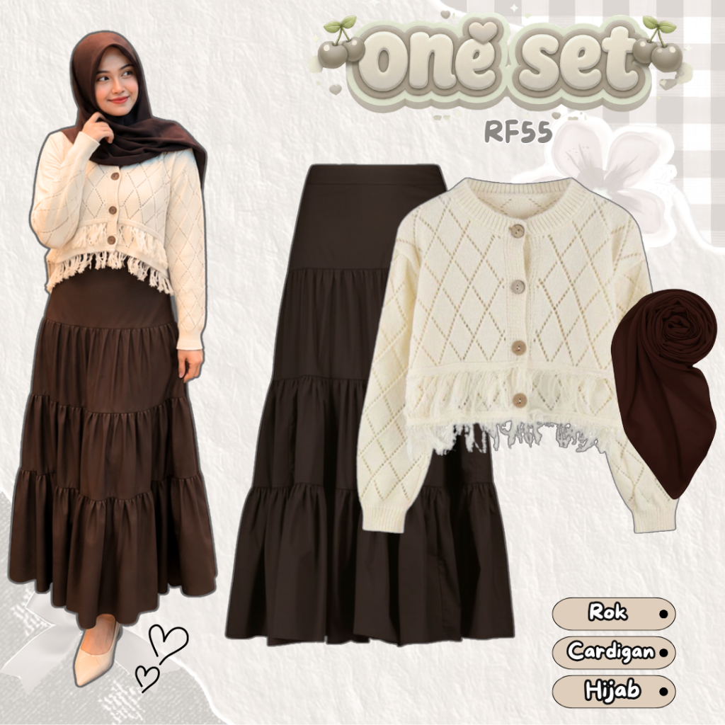Outfit Pantai Aesthetic | Rok Susun + Cardigan Rajut + Bella Square | Outfit Pantai Wanita Hijab RF5