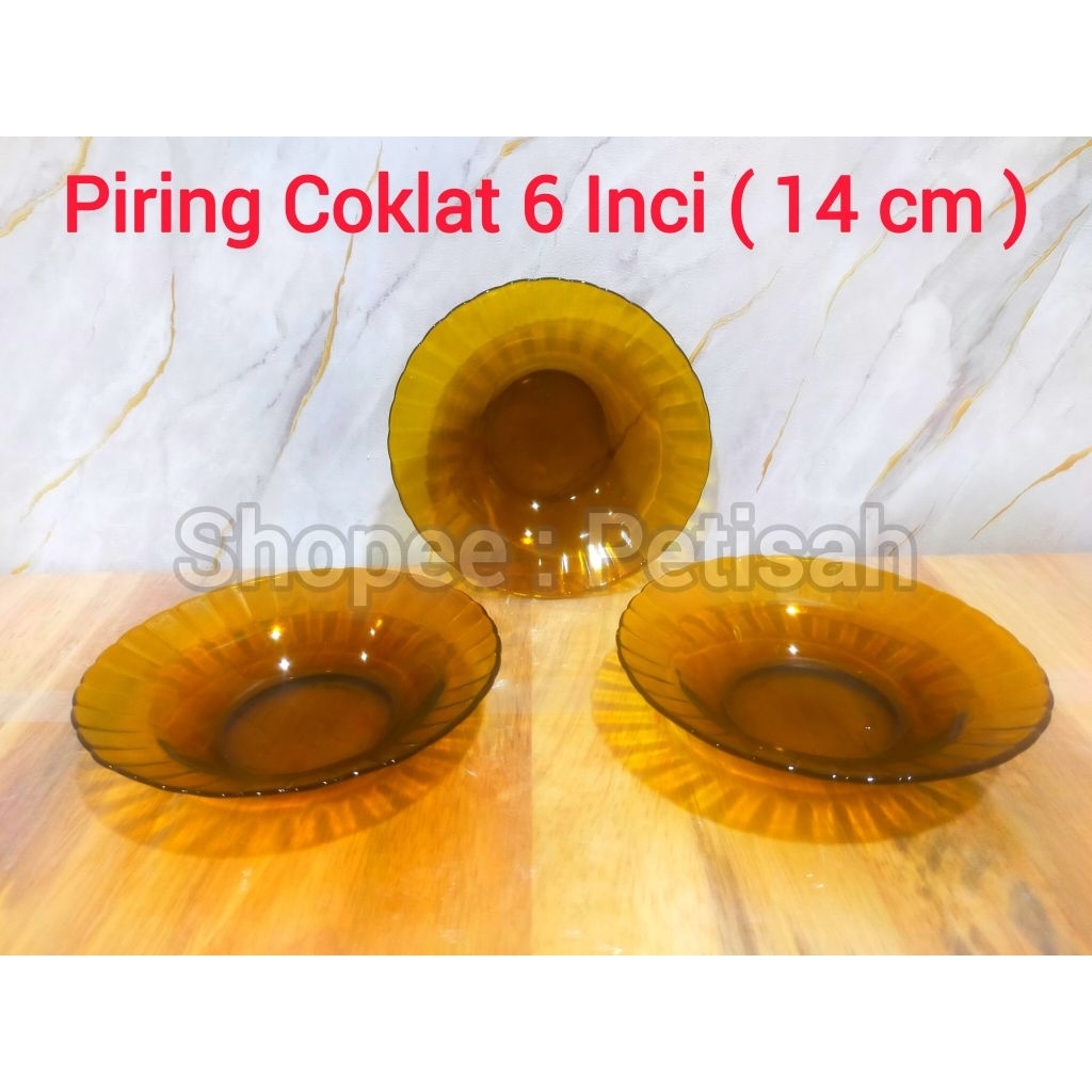 Piring Kaca Coklat 6 Inci ( 12 Buah ) / Piring Kaca 6 Inci / Piring Coklat Kecil / Piring Lauk / Pir