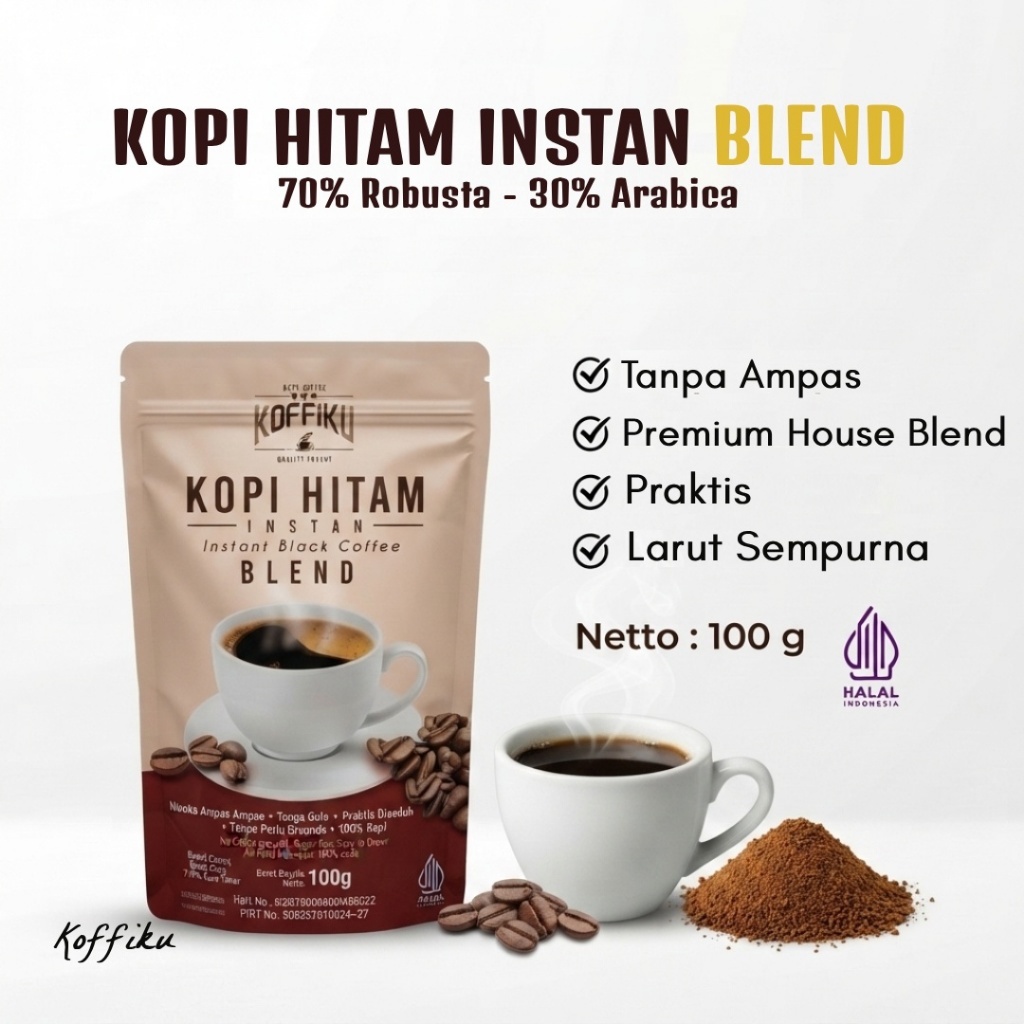 KOFFIKU Kopi Hitam Instan Blend 100g | House Blend Arabica Robusta Tanpa Gula Tanpa Ampas Spray
