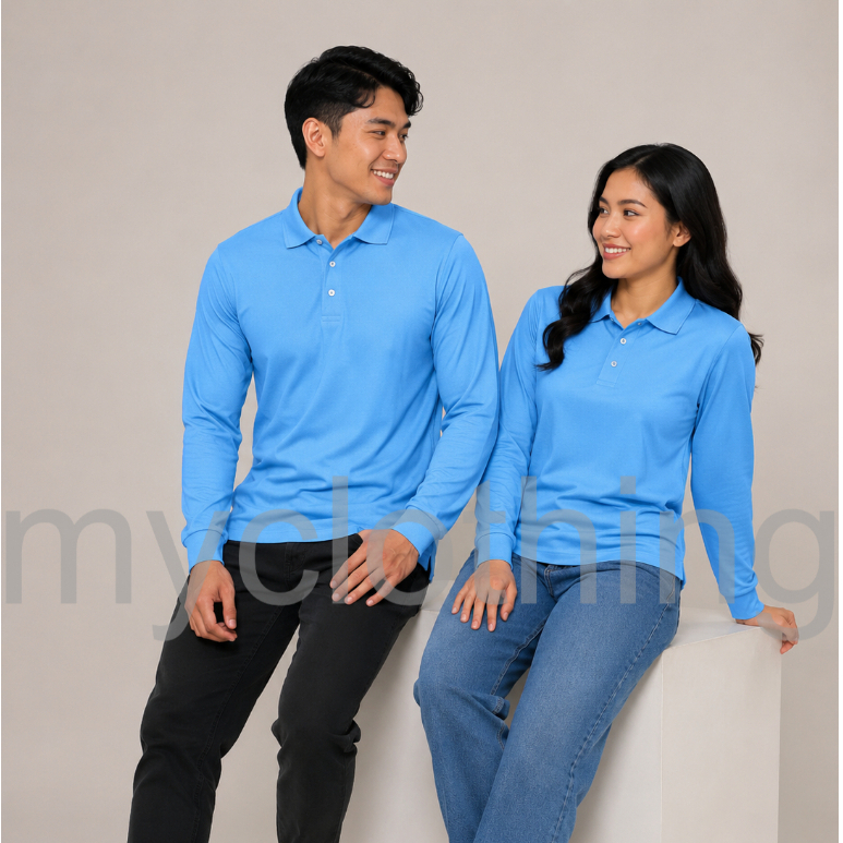 Kaos Polo Biru Muda Lengan Panjang Polo Shirt Kerah Polos Pria Wanita