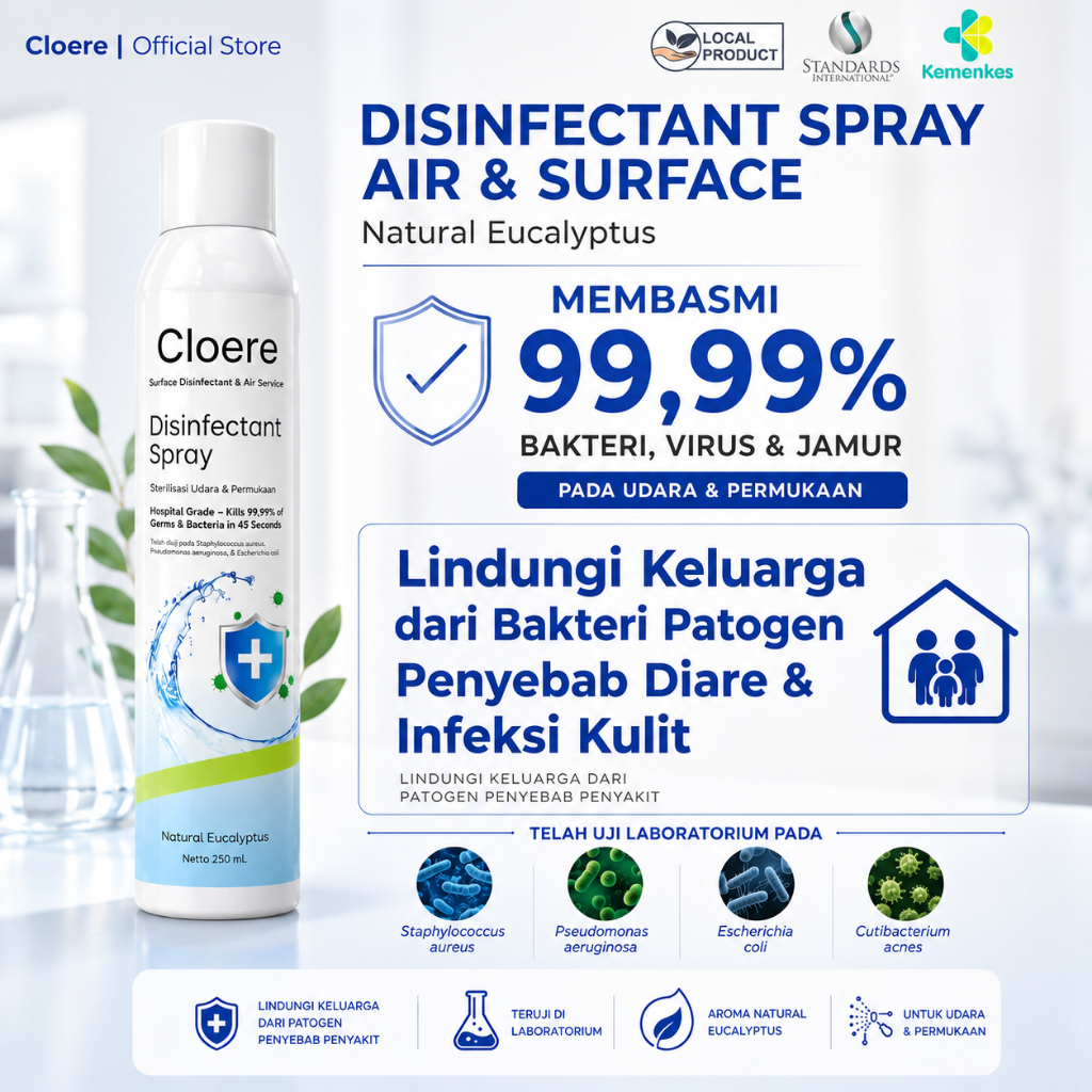 CLOERE Air & Surface Disinfektan Spray 250ml Aroma Eucalyptus | Pembunuh Kuman 99.9% Anti Bakteri & 