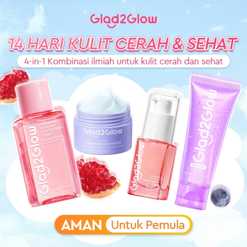 [SET REPAIR&GLOWING]Glad2Glow Glowing&Sehat&Lembap Bundle 4in1-Blueberry Moisturizer+Cerah Krim+Brig