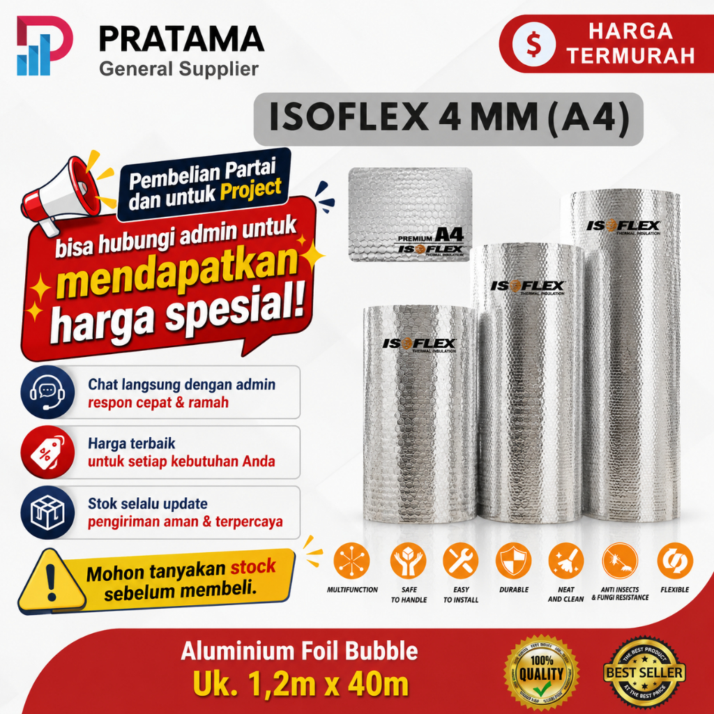 ISOFLEX Thermal Insulation A4 1,2 x 40 m Aluminium Foil Bubble Peredam Panas Atap Kanopi Spandek