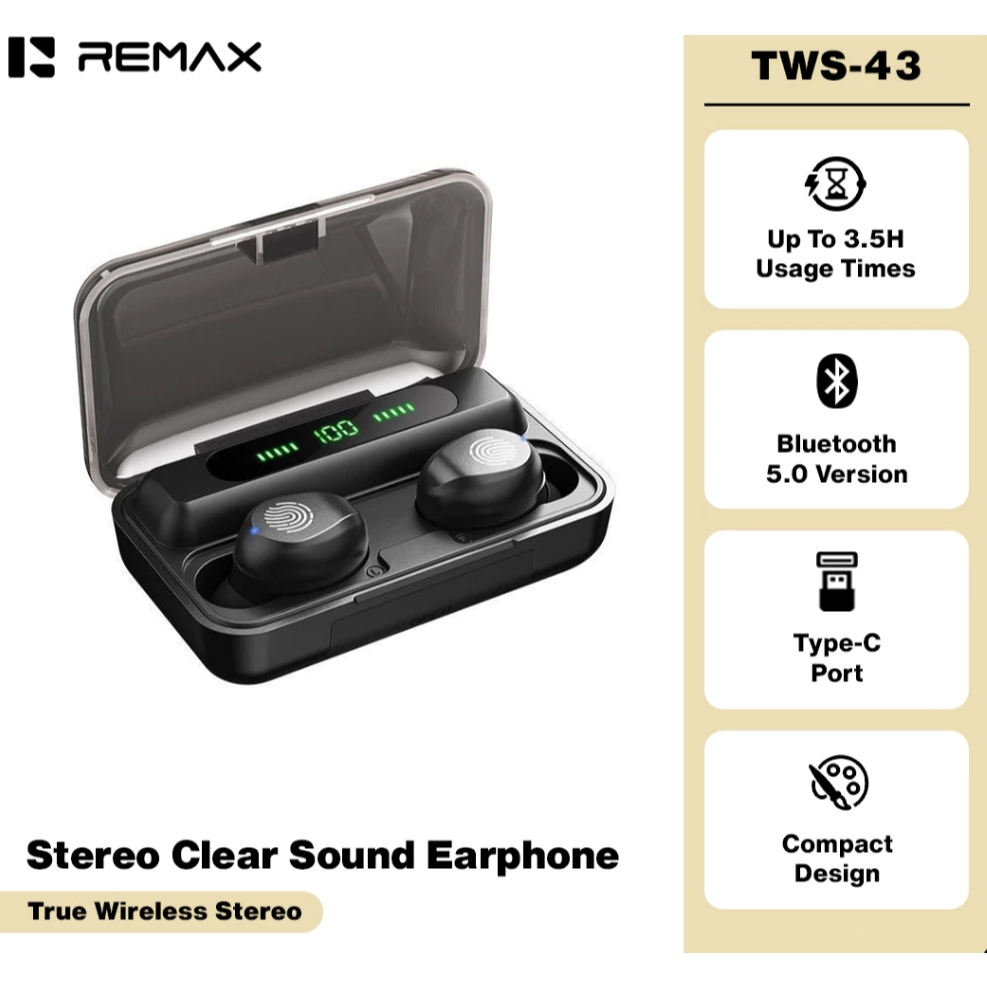 Remax Original True Wireless Stereo HI-FI With LED Display Case 5.0 Version Bluetooth TWS-43