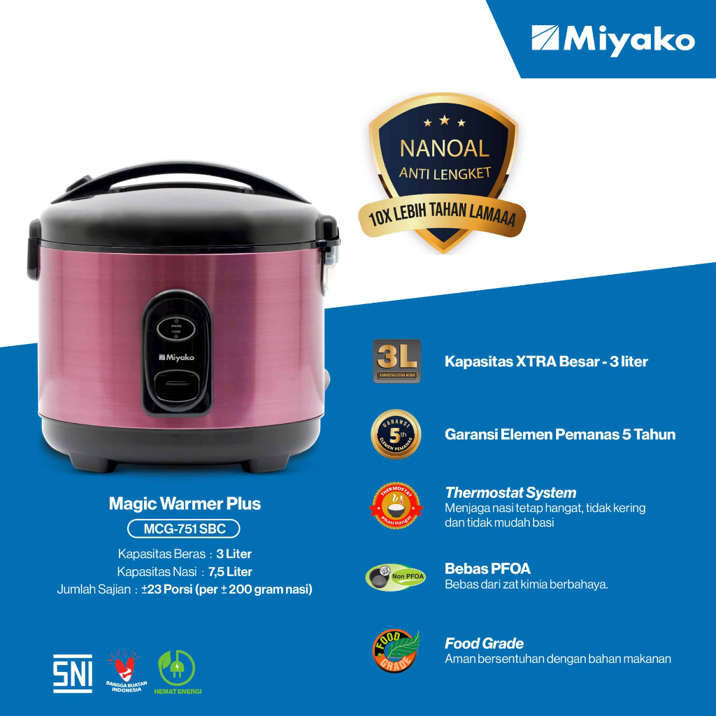 *KHUSUS BATAM* MIYAKO RICE COM MCG 751 SBC Miyako MCG-751 SBC, Miyako Rice Cooker 3 Liter, Magic Com