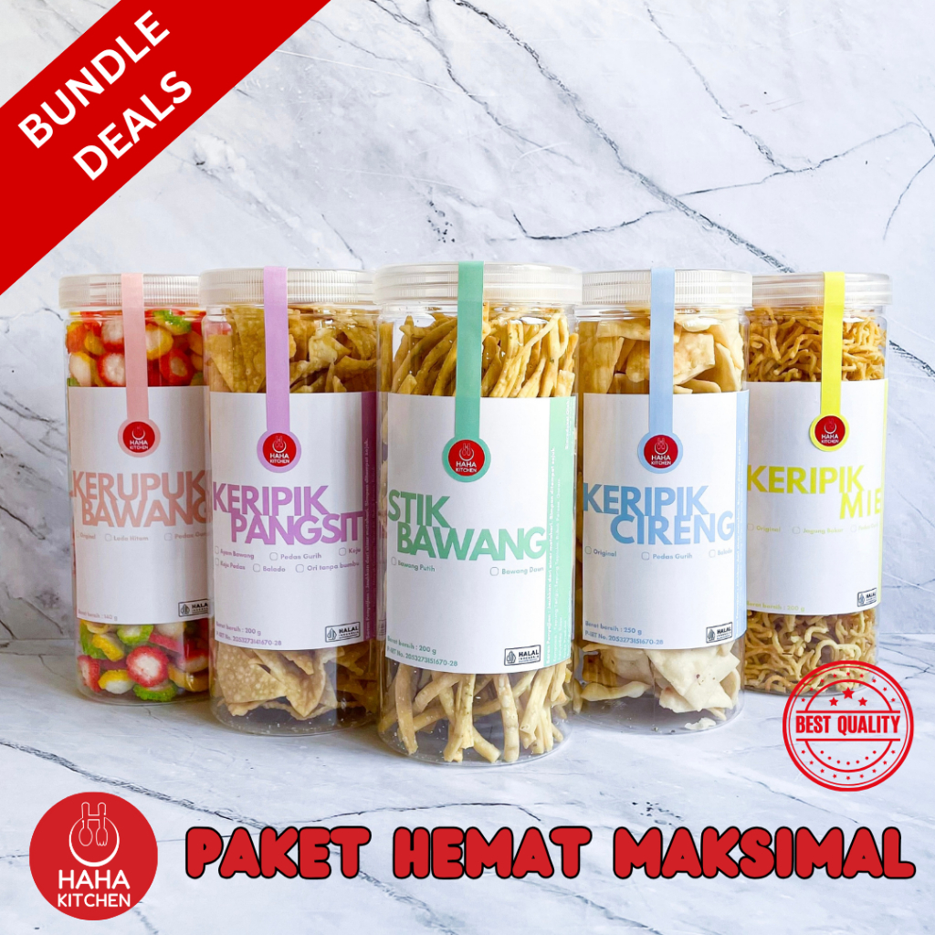 Haha Kitchen - Bundle 5 toples Stik Bawang Pangsit Cireng Kerupuk Bawang Keripik Mie Halal Renyah