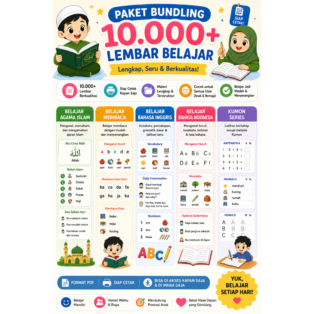 Paket Bundling 10.000+ Worksheet belajar anak| Agama Islam, Bahasa Indonesia, Bahasa Inggris, Belaja