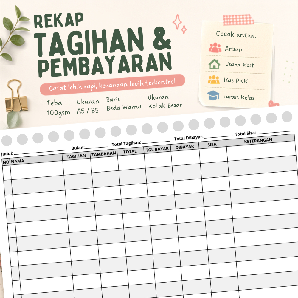 REKAP TAGIHAN DAN PEMBAYARAN - Arisan Kost Kas PKK Iuran Kelas Komunitas Kontrakan Cicilan Refill Bi