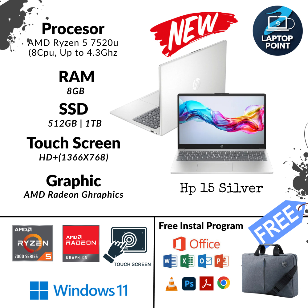 Laptop Baru Hp15 AMD Ryzen 5 7520u Touchscreen Silver