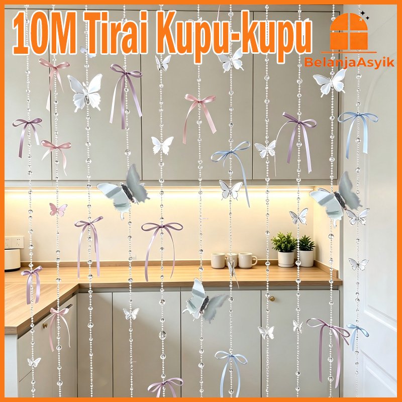 10M Tirai Pembatas Ruangan Estetik Tirai Manik Manik Benang Pintu Jendela Dekorasi Kupu Kupu Pita Go
