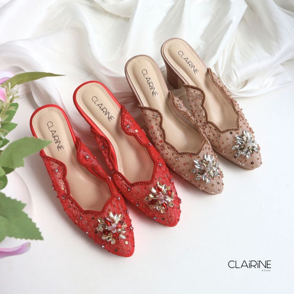 CIKUSHOES - Visty Heels Wedding Bridal Lace Payet Red Mocca 7cm