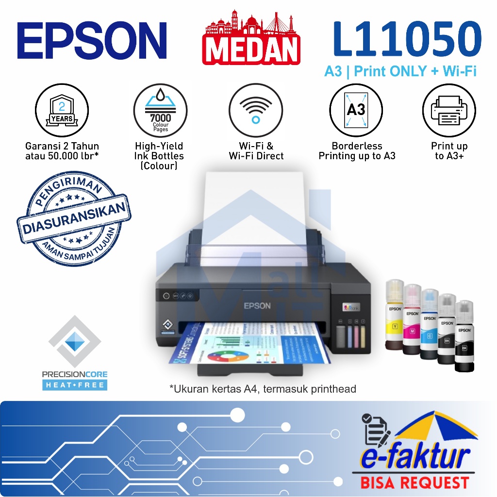 MALLIT EPSON Printer Epson L11050 L-11050 L 11050 Pengganti Epson L1300 L-1300 Print Only A3+ Resmi 