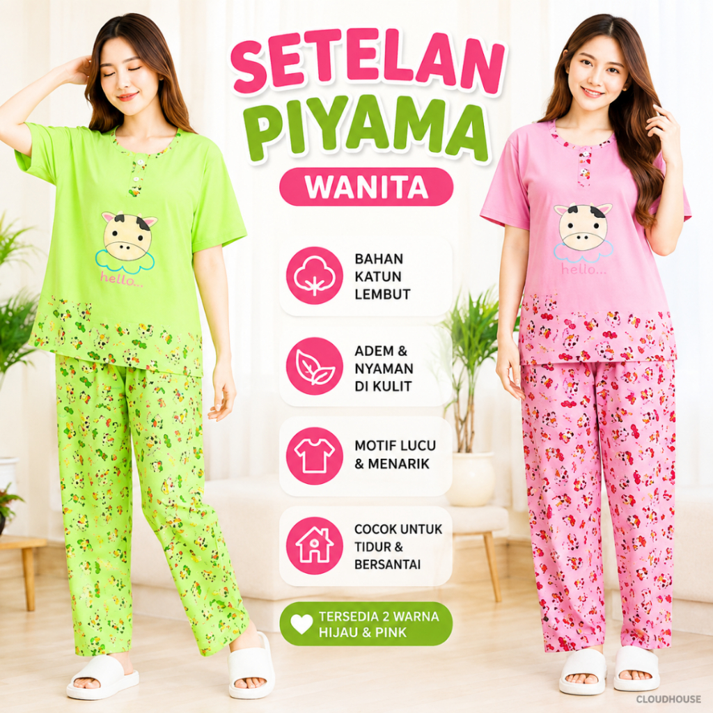 SIE LIE | Setelan Baju Tidur Cewek Kaos Celana Panjang Motif Hewan Polos Size L LD 106cm Kekinian | 