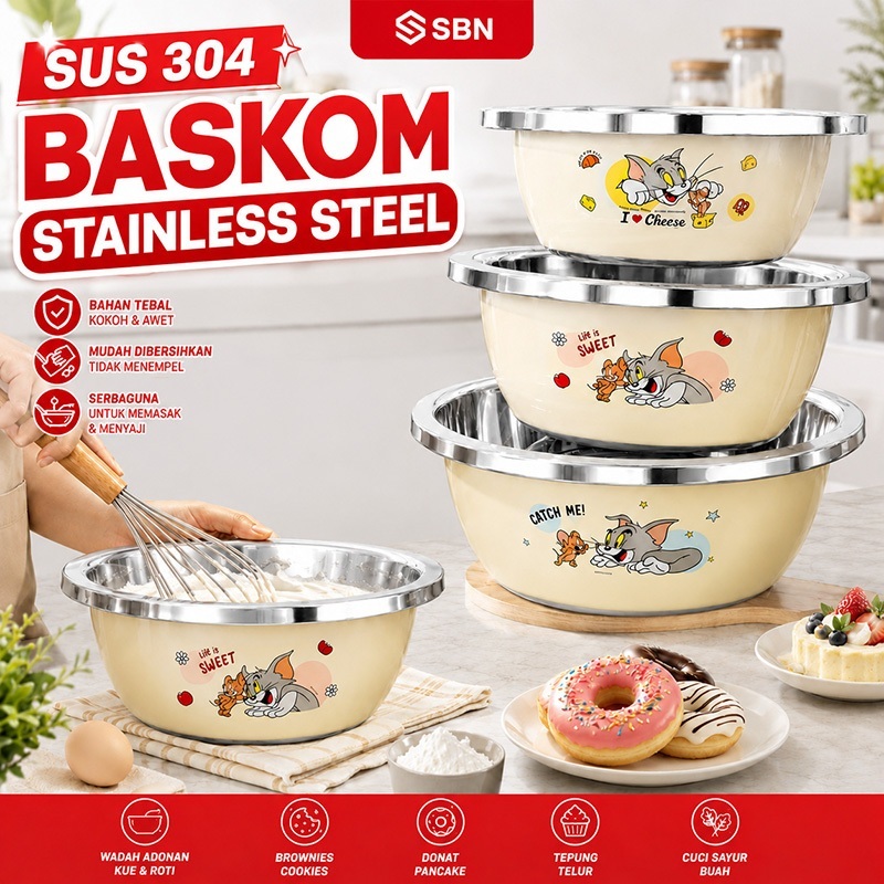 SBN SUS 304  Baskom Stainless Steel Karakter 20cm 22cm 24cm Motif Kartun Spongebob Tom Jerry Wadah A