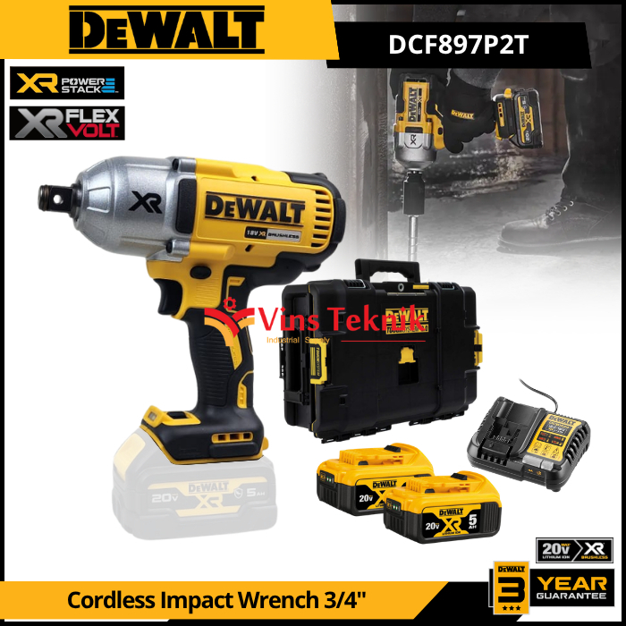 DEWALT DCF897P2T Mesin Pembuka Baut Baterai 20V Cordless Brushless Impact Wrench 3/4" 950Nm DCF897N