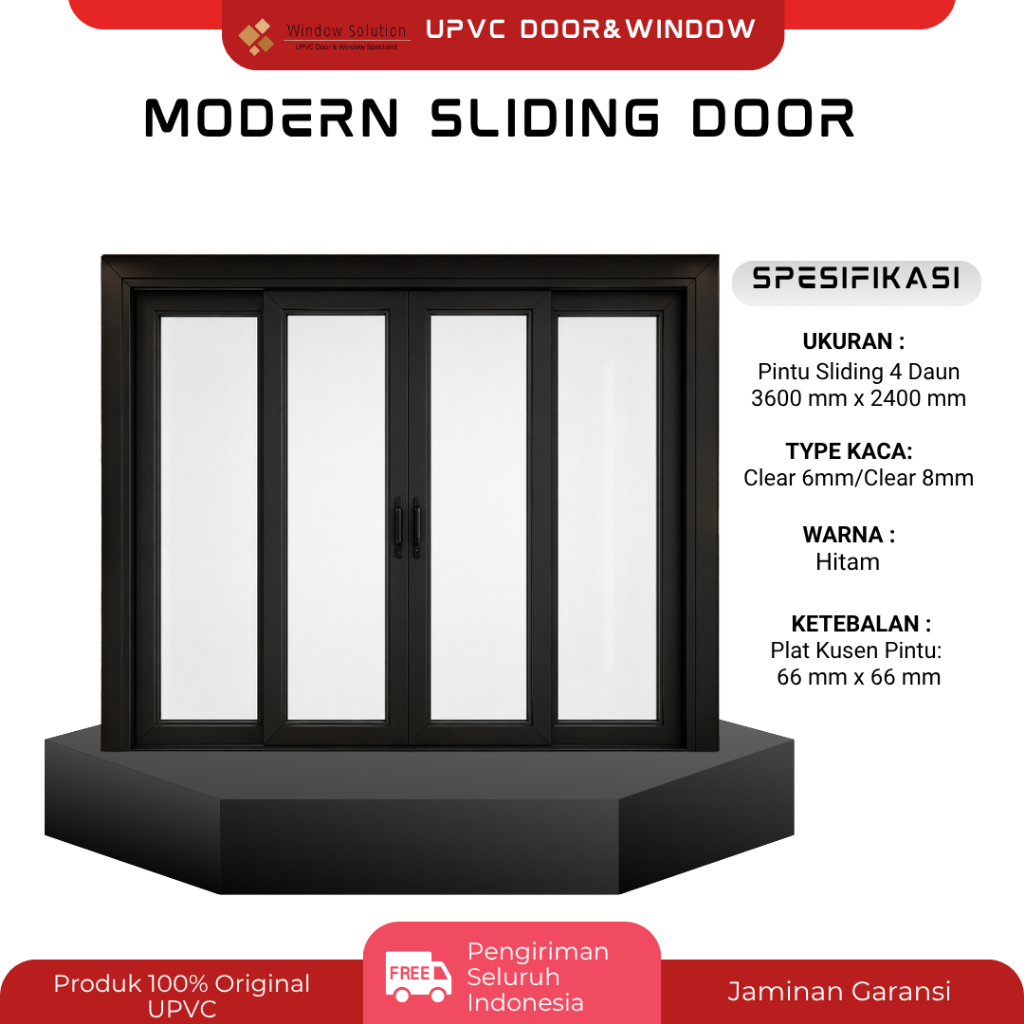 Pintu Sliding 4 Daun 2 Rel, Ukuran 3600 x 2400, Type Kaca Clear 8mm/Clear 6mm, Merek CONCH