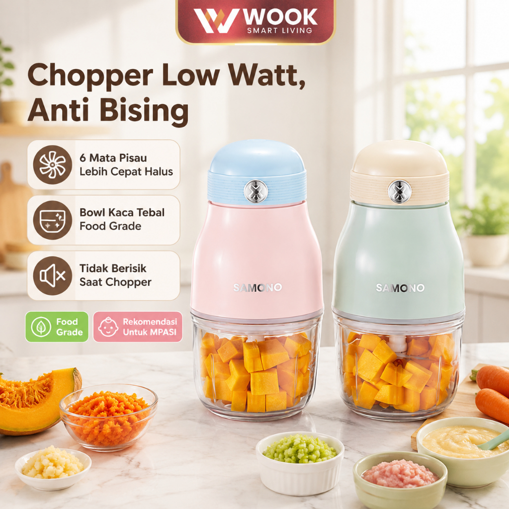 SAMONO Mini Chopper Multifungsi Penggiling Bumbu Daging Makanan Bayi 300ml 6 Mata Pisau Stainless 3 