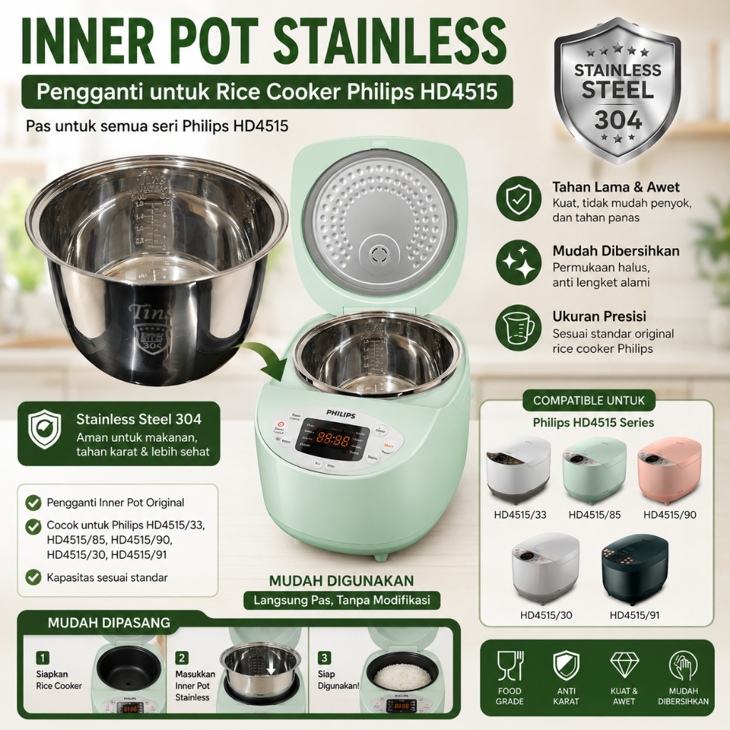 [4515-ST15] Inner Pot Stainless Steel untuk Philips HD4515 4515 Rice Cooker Pengganti Pas sparepart 
