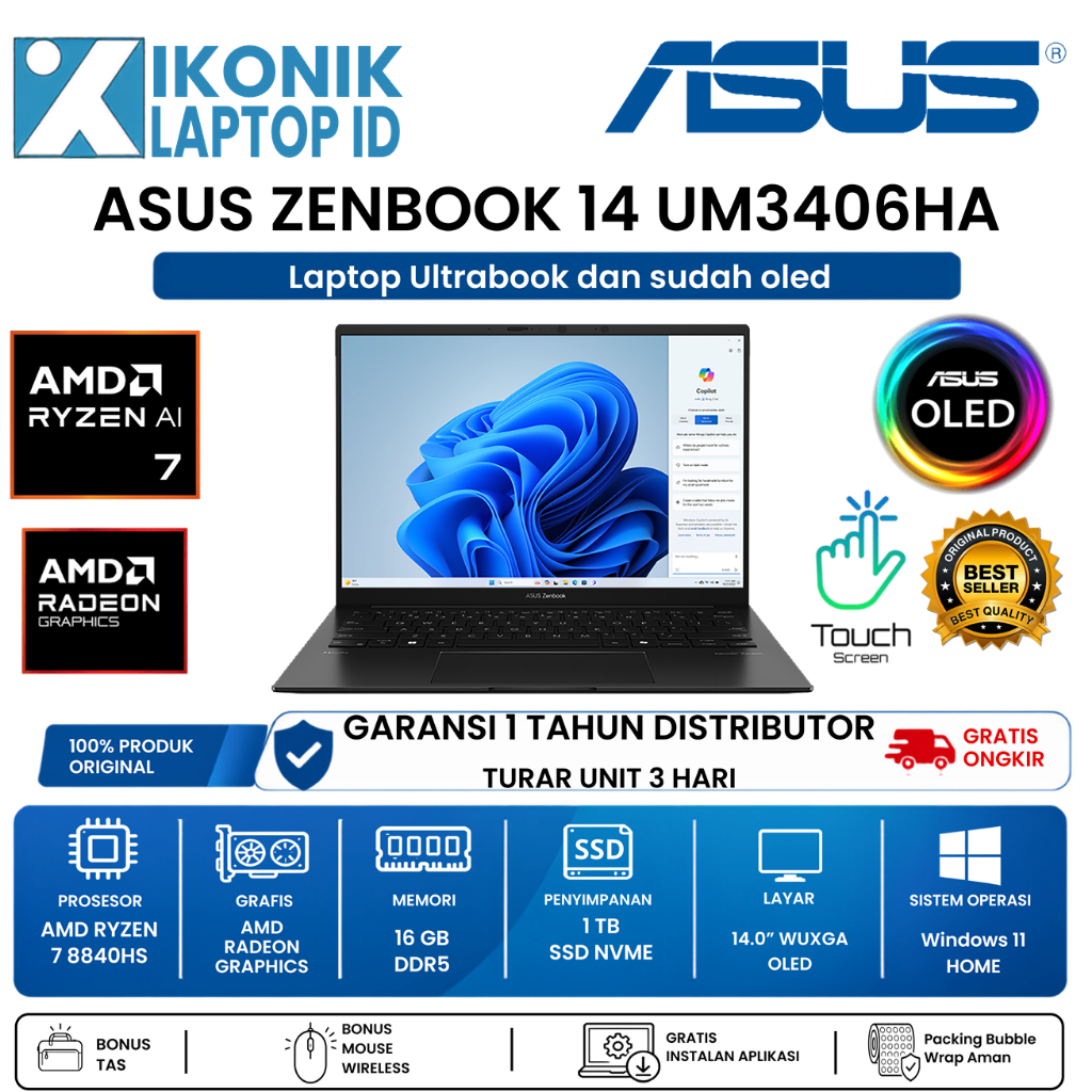 Laptop Slim Asus Zenbook 14 UM3406HA OLED AMD Ryzen 7 8840HS Ram 16GB SSD 1TB 15.6 2.2k OLED TOUCH