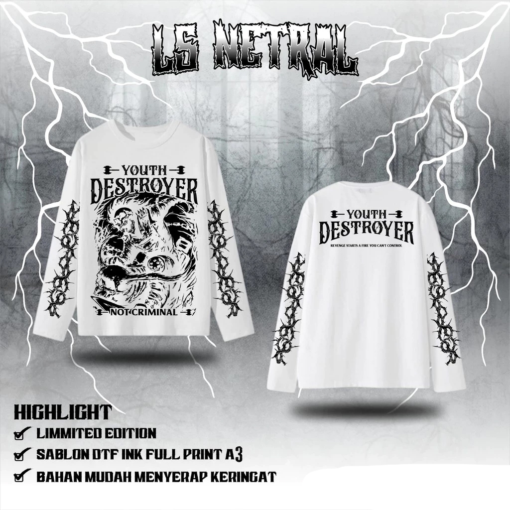 READY STOK KAOS LENGAN PANJANG NETRAL YOUTH DESTROYER T-SHIRT LONGSLEEVE NETRAL - KAOS LENGAN TANGAN