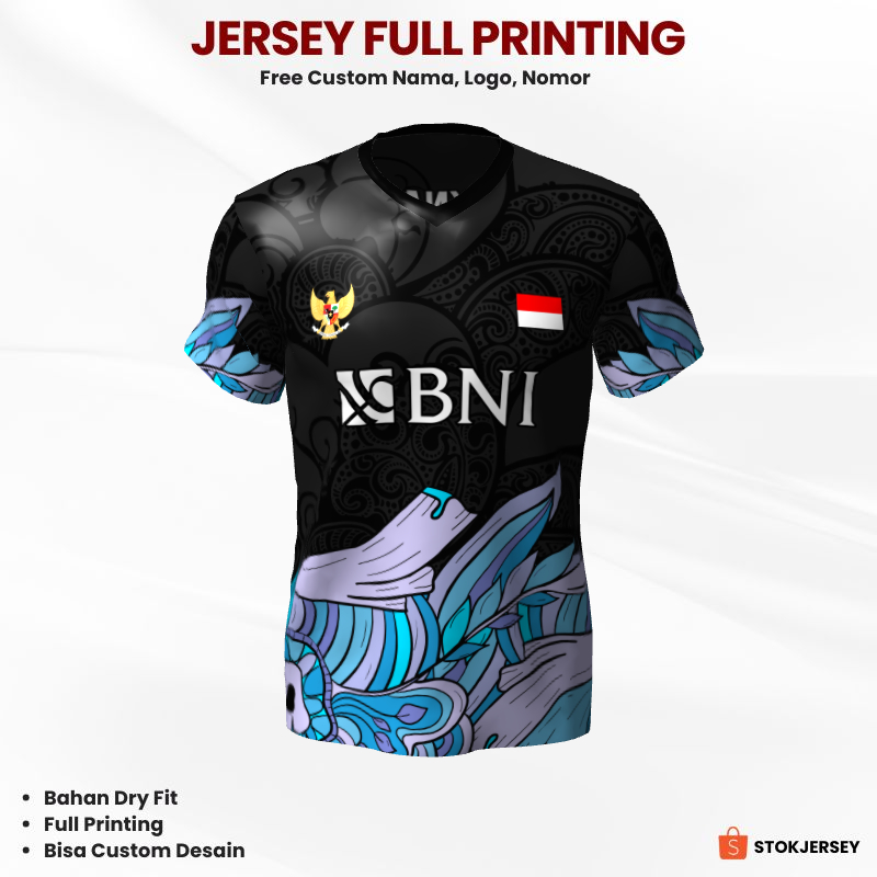 Kaos Jersey Badminton Hitam Ungu Biru Motif Batik Full Printing Bisa Custom 163