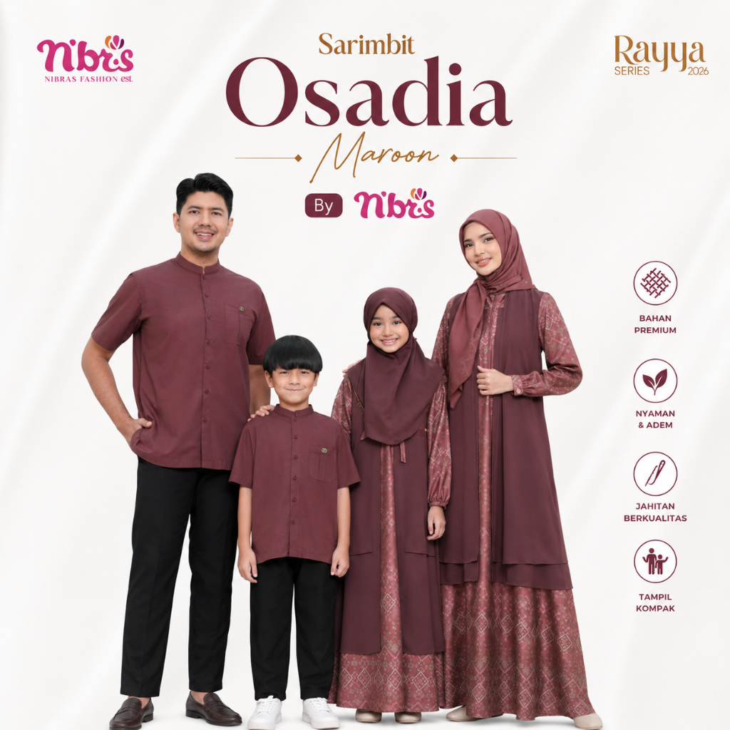 SARIMBIT SERAGAM LEBARAN KELUARGA NIBRAS TERBARU 2026 DIARAYYAKU OSADIA MAROON BY NBRS - BAJU BUSANA