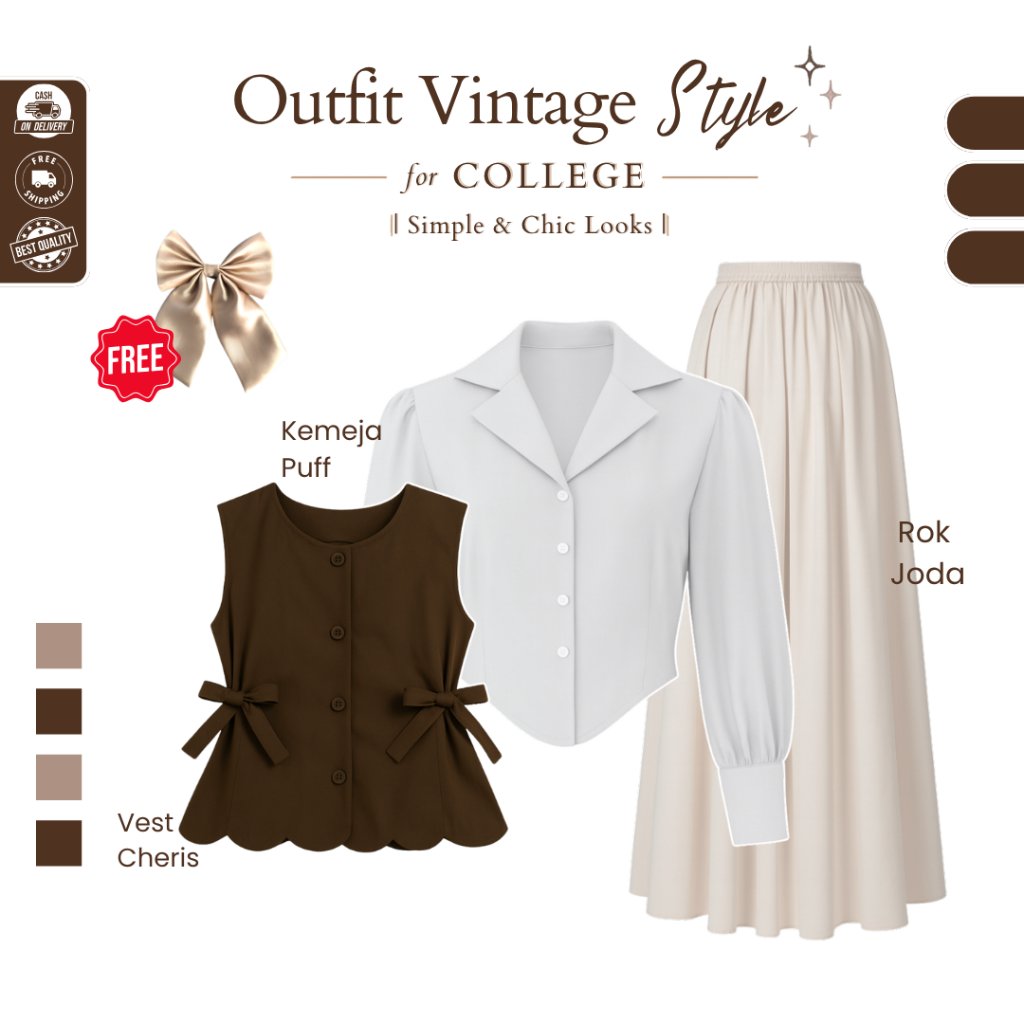 Vivi ODETTE Rompi tali Vest wanita retro vintage Medieval ( Dasi + Vest  + Kemeja Basic + Rok ) -D38