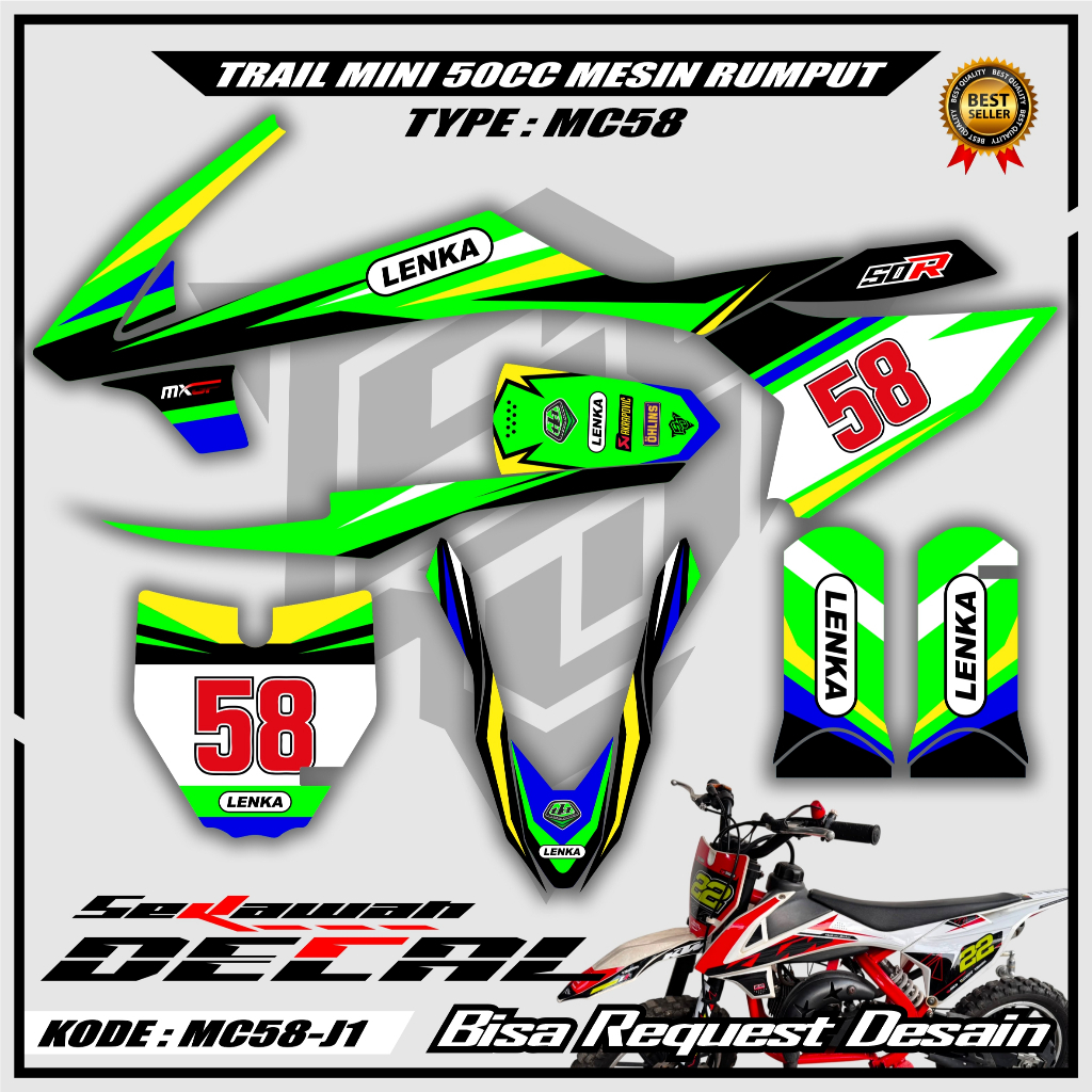 Decal stiker trail mini mesin rumput 50cc type LENKA MC58 XTM SYMOTOS JACKLE bisa request desain