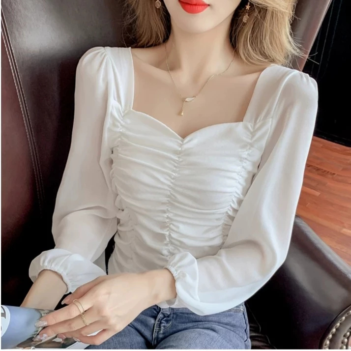 Atasan Crop Ruched Import - Korean Style Blouse Knit Kombinasi Chiffon Lengan Panjang Square Neck LD