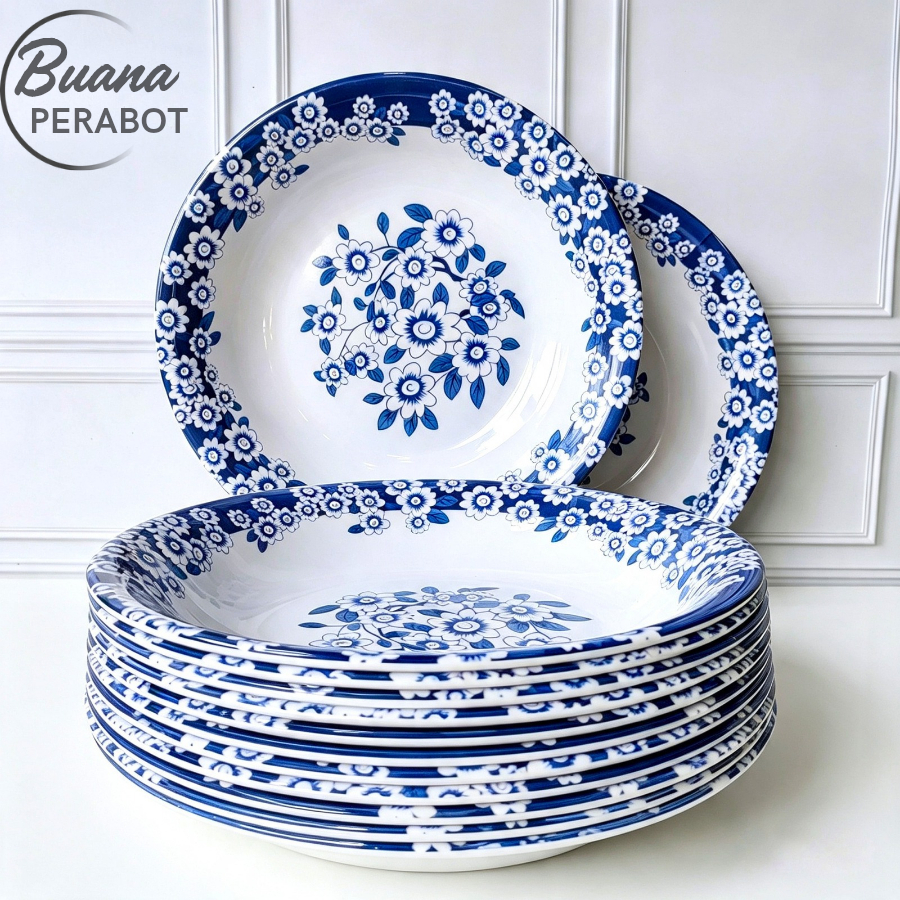 12 Pcs Piring Makan Melamin Tebal Motif Bunga Klasik Biru putih Elegan