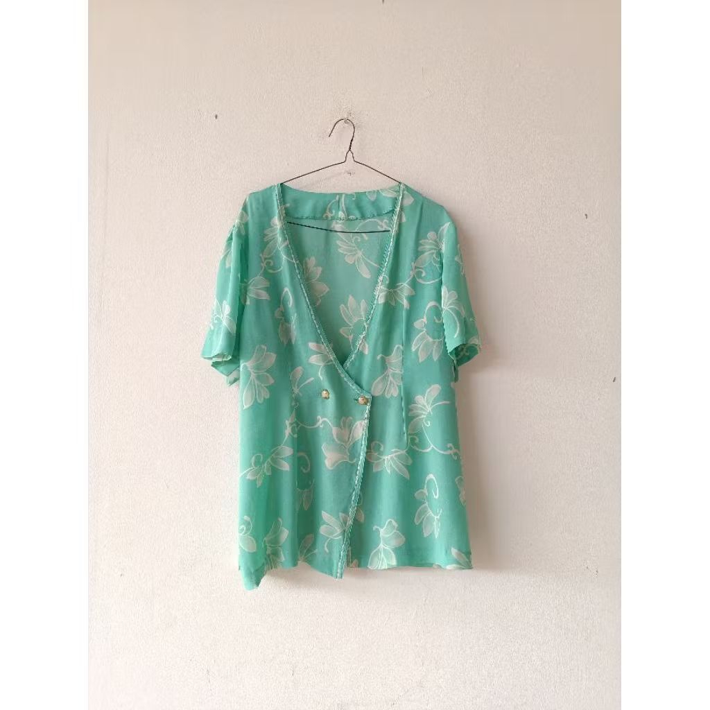 Sage Flowers Sifon Outer Semi Blezer Pendek Daily Vintage