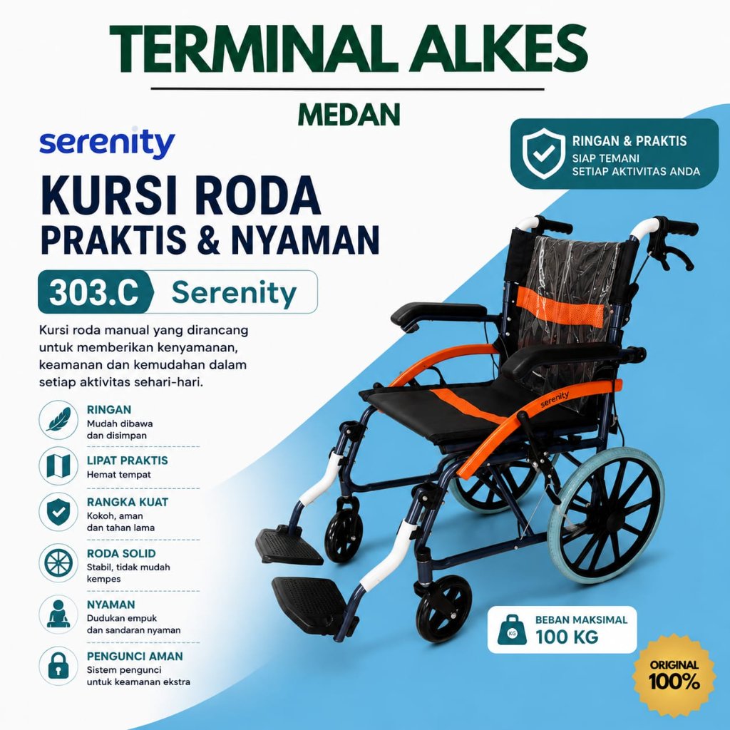Kursi Roda Travel Serenity 303C / 303 C / 303-C Lipat Tipis Steel Wheelchair