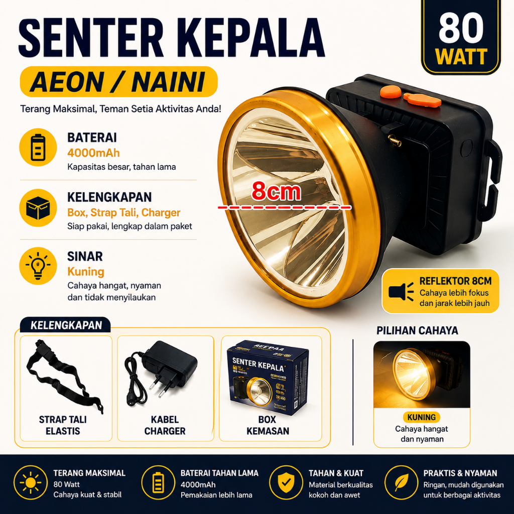 SENTER KEPALA PLASTIK NAINI 30W-80W PUTIH KUNING | Senter Kepala Serbaguna Naini 30W-80W