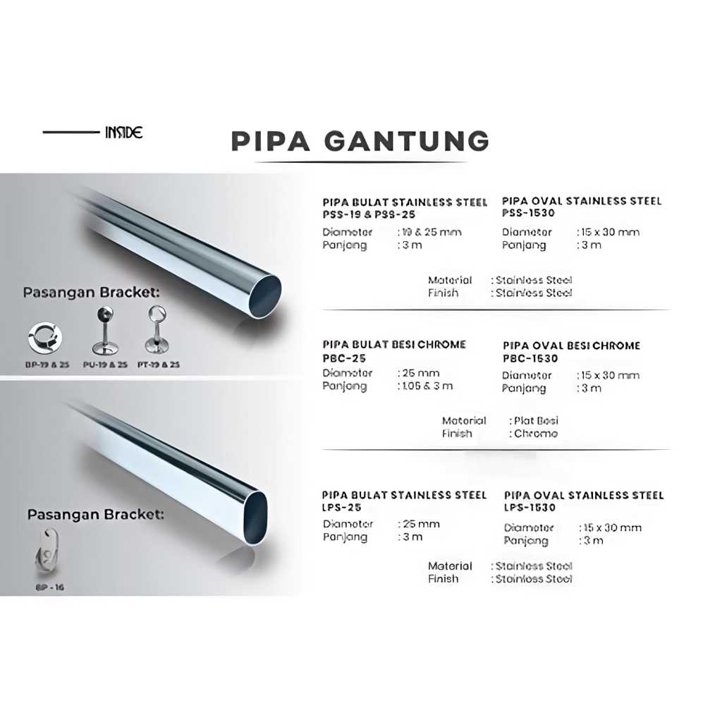 PIPA STAINLESS BULAT  DAN PIPA STAINLESS OVAL / PIPA GANTUNGAN BAJU / PIPA GANTUNG