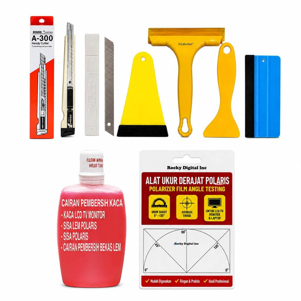 [PAKET LENGKAP] Alat Pasang Stiker & Polarizer LCD - Squeegee, Cutter, Cairan Pembersih & Alat Ukur 