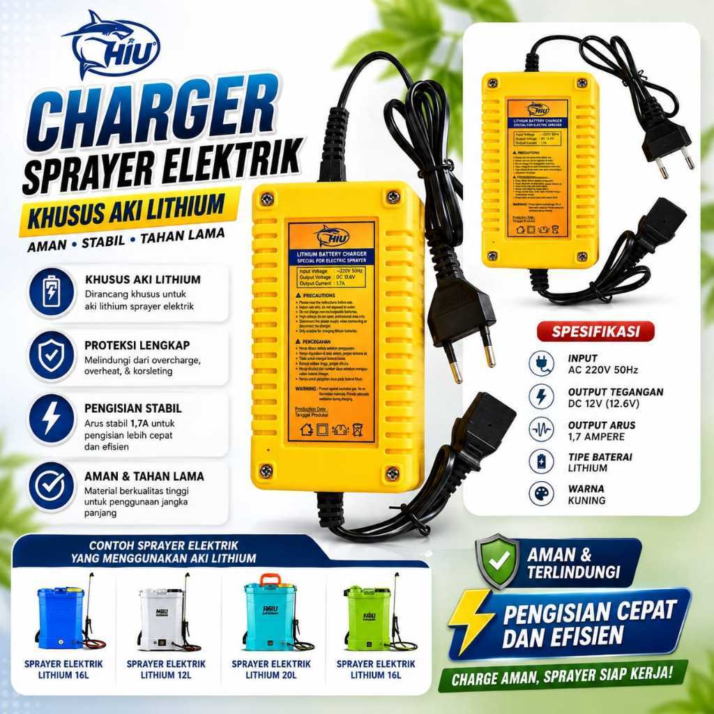 Charger lithium HIU 1.7 A untuk accu / aki lithium sprayer elektrik / alat semprot untuk aki lithium