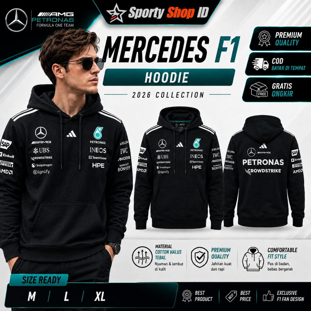 Jaket Hoodie  Mercedes F1 2026 Original Style AMG Petronas Formula 1 Pria Premium Cotton Tebal