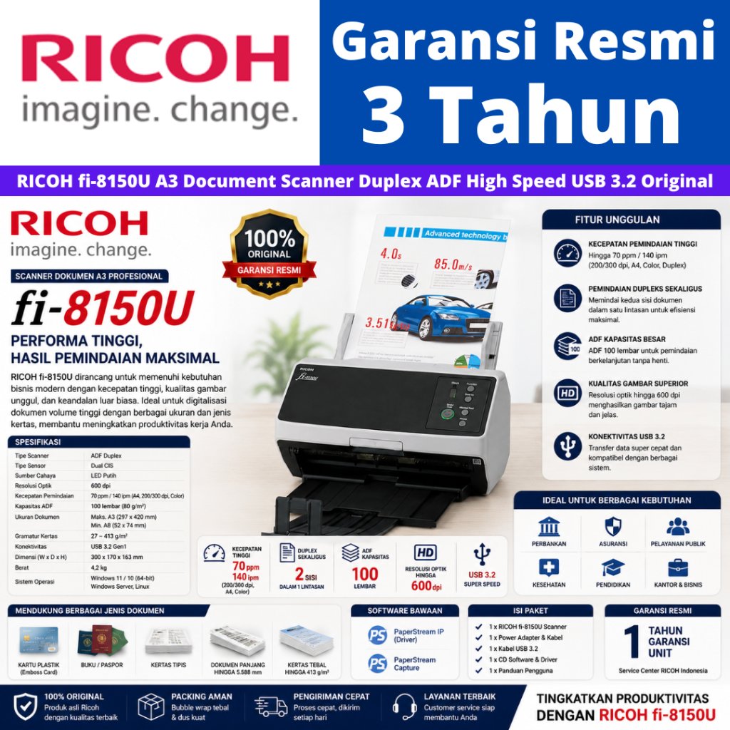 RICOH fi-8150U A3 Document Scanner Duplex ADF High Speed USB 3.2 Scanner Dokumen