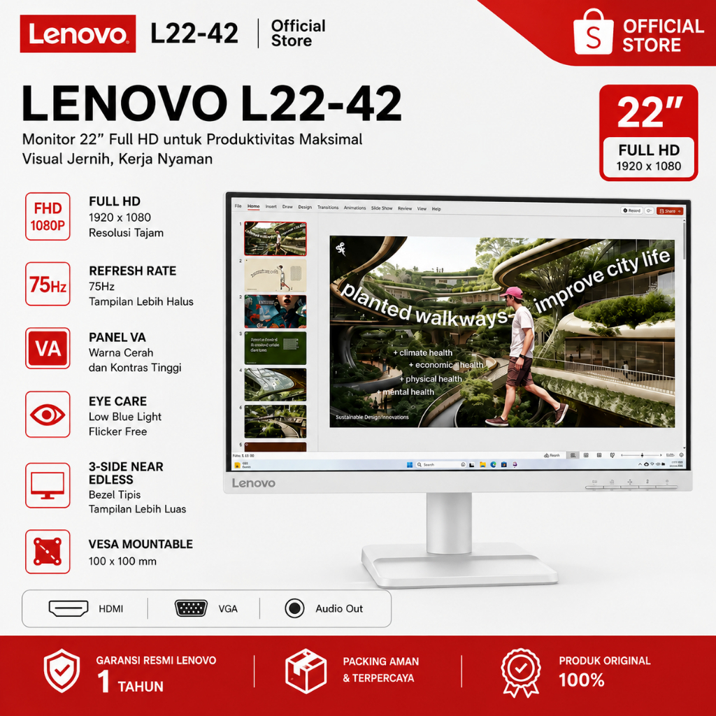 Monitor Lenovo L22-42 22 Inch Full HD LED Monitor Display Jernih & Nyaman