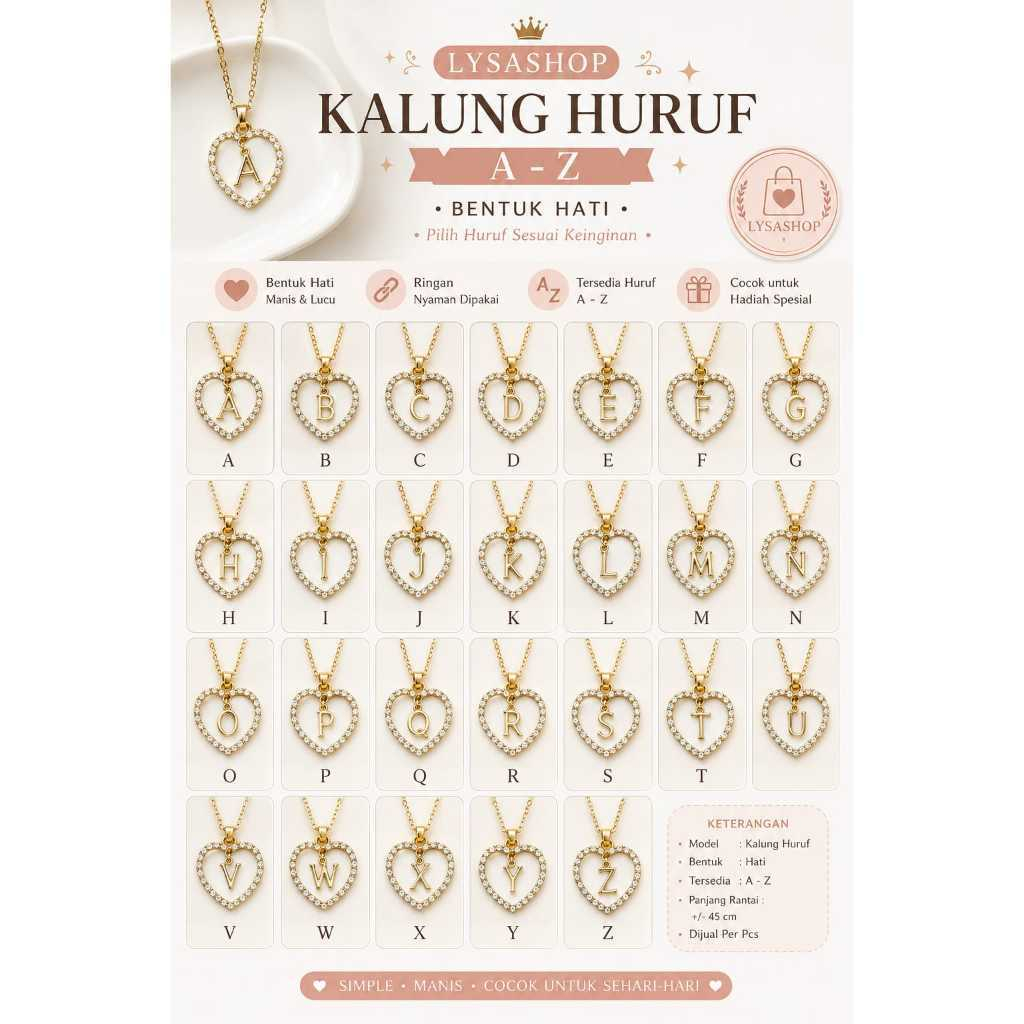 LYSASHOP Kalung Rantai Alfabet Liontin Huruf A-T Rosegold Silver Bentuk Love Hati Aksesoris Wanita F