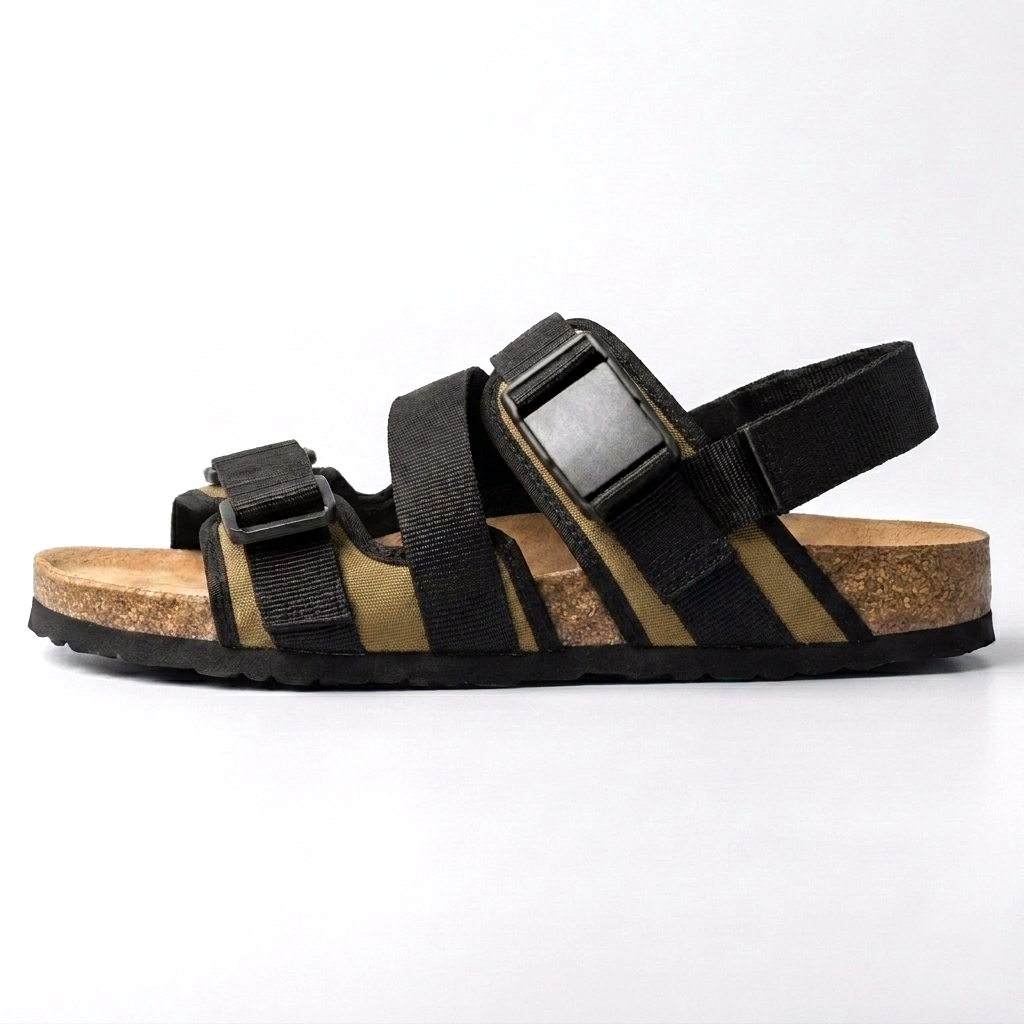 Ethan Classic Sole Runo Project - Sandal Footbed Pria Slides Cork Birken Anti Slip Backstrap Hitam