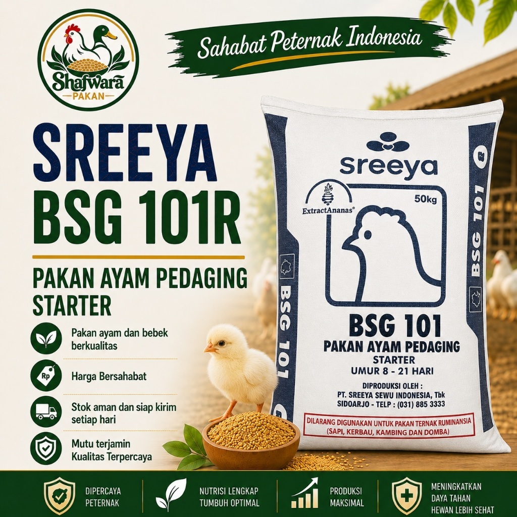 SREEYA BSG 101R - Pakan Ayam Pedaging (Broiler) - Starter Usia 8–21 Hari | Kemasan Kiloan | shafwara