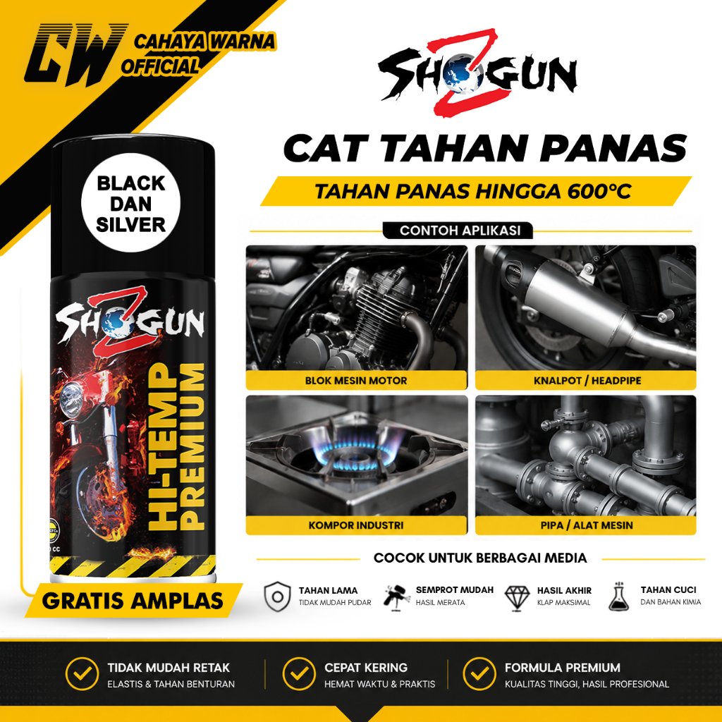 Cat Semprot Tahan Panas | Shogun Z Hi-Temp Silver & Black - Cat Khusus Mesin Knalpot Tahan Panas 600