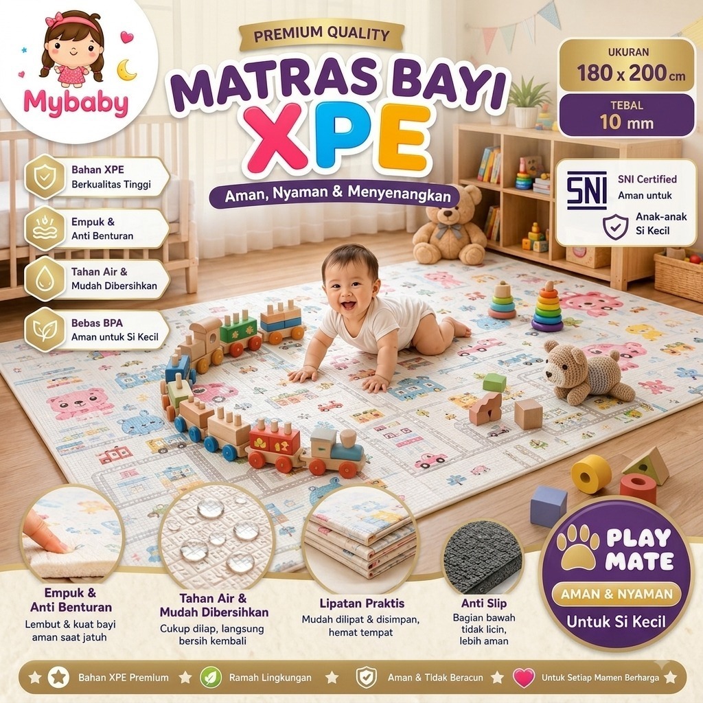 SNI F Playmat Bayi Karpet Lipat Playmat Foldable Bayi Karpet Bayi 180x200cm Matras Bayi Playmate Foa