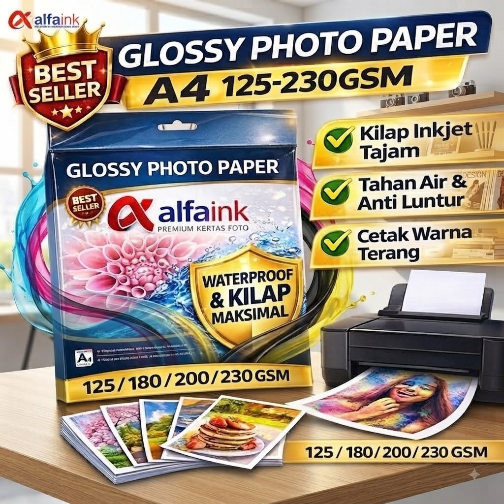 [ ISC ] ALFAINK GLOSSY PAPER WATERPROOF - PREMIUM PAPER KERTAS FOTO A4 KERTAS FOTO CETAK PRINTER SP2