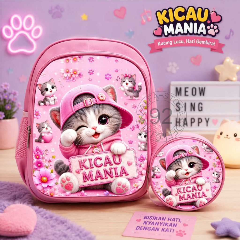 Tas Ransel Anak KICAU MANIA tema kucing pink dengan tas lingkaran set