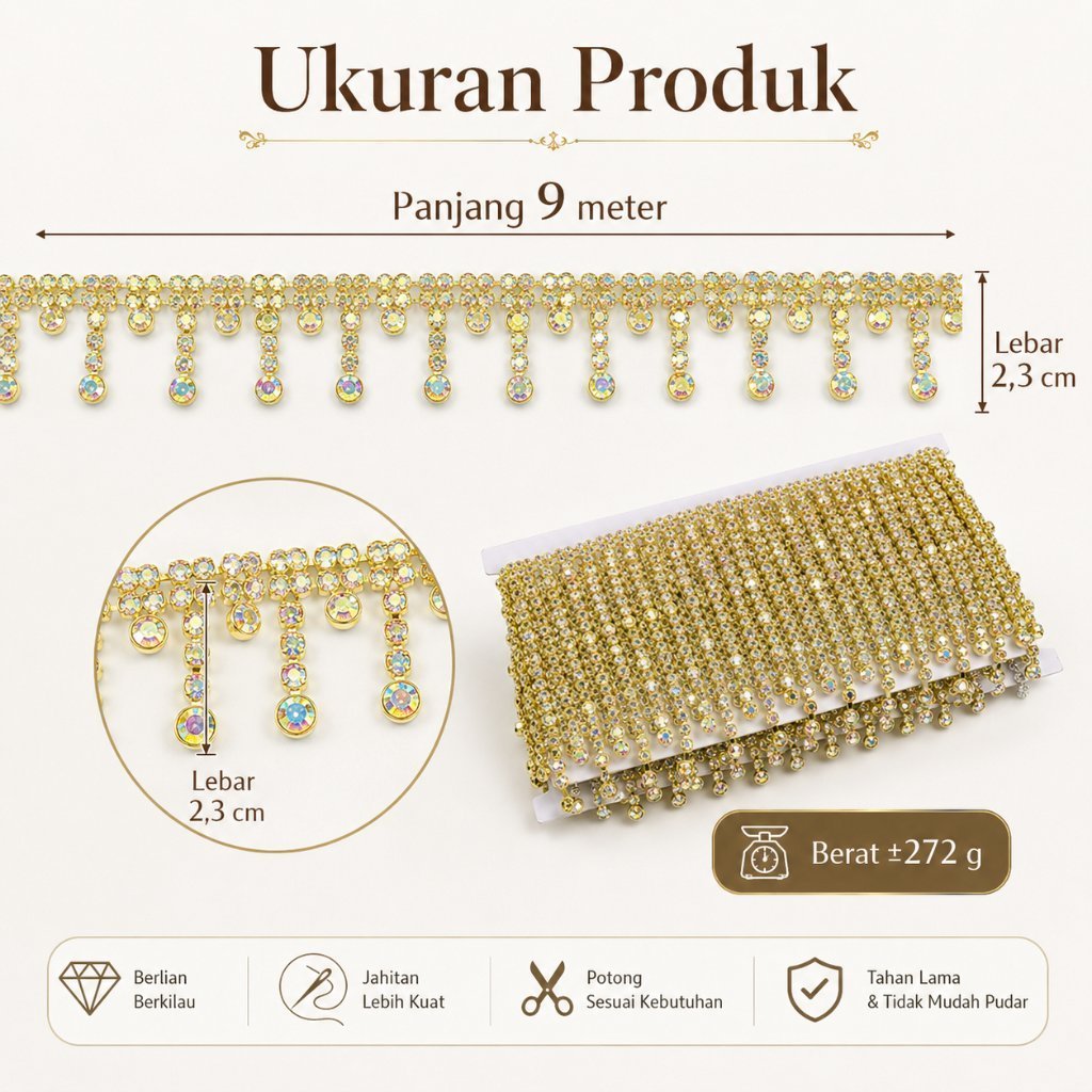 9meter Kualitas Tinggi Kualitas Premium Payet untuk Bordir Payet sewing Renda Berlian Kristal Bahan 