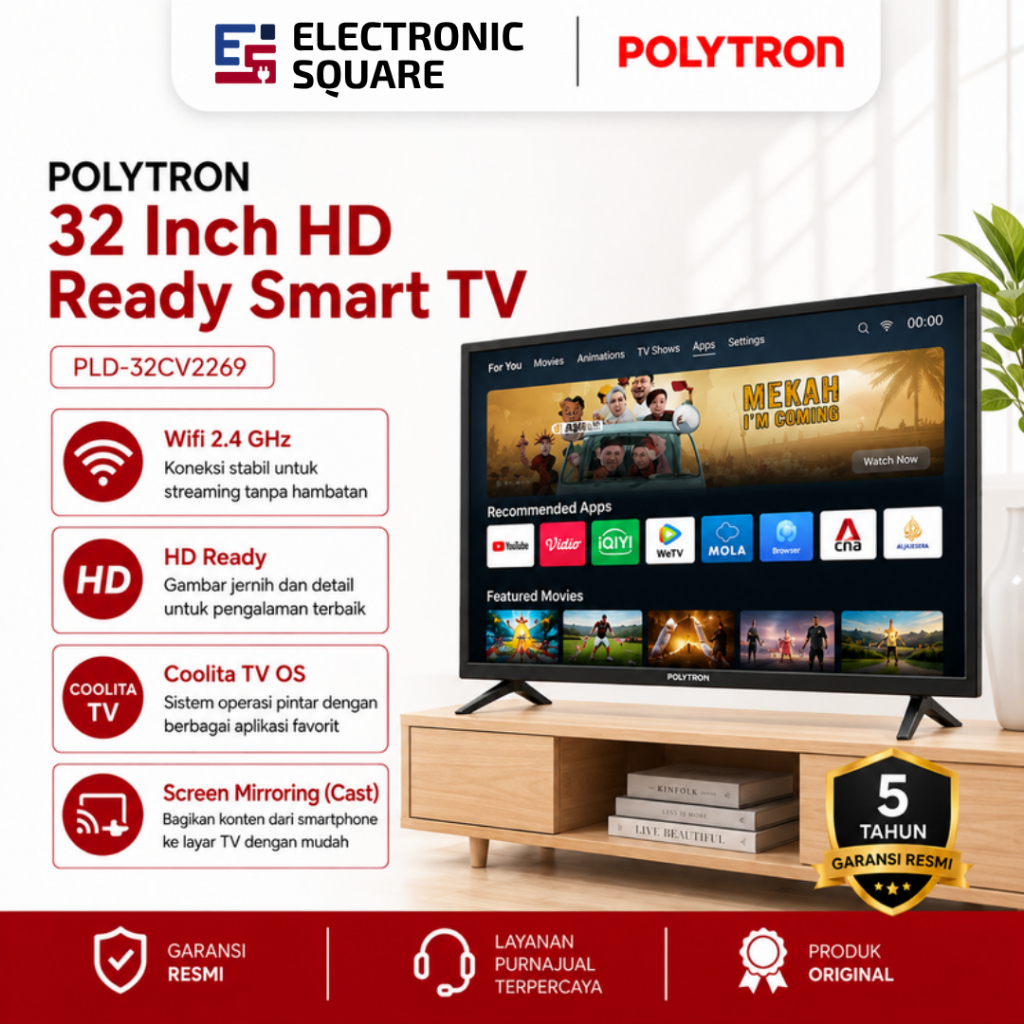 POLYTRON PLD-32CV2269 LED TV 32 Inch HD Ready Smart TV WiFi 2.4 GHz Coolita TV Screen Mirroring