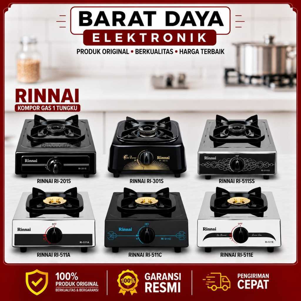 Kompor Gas RINNAI 1 Tungku RI-301S/201S/511SS/511E/511C/511A teflon stainless garansi resmi